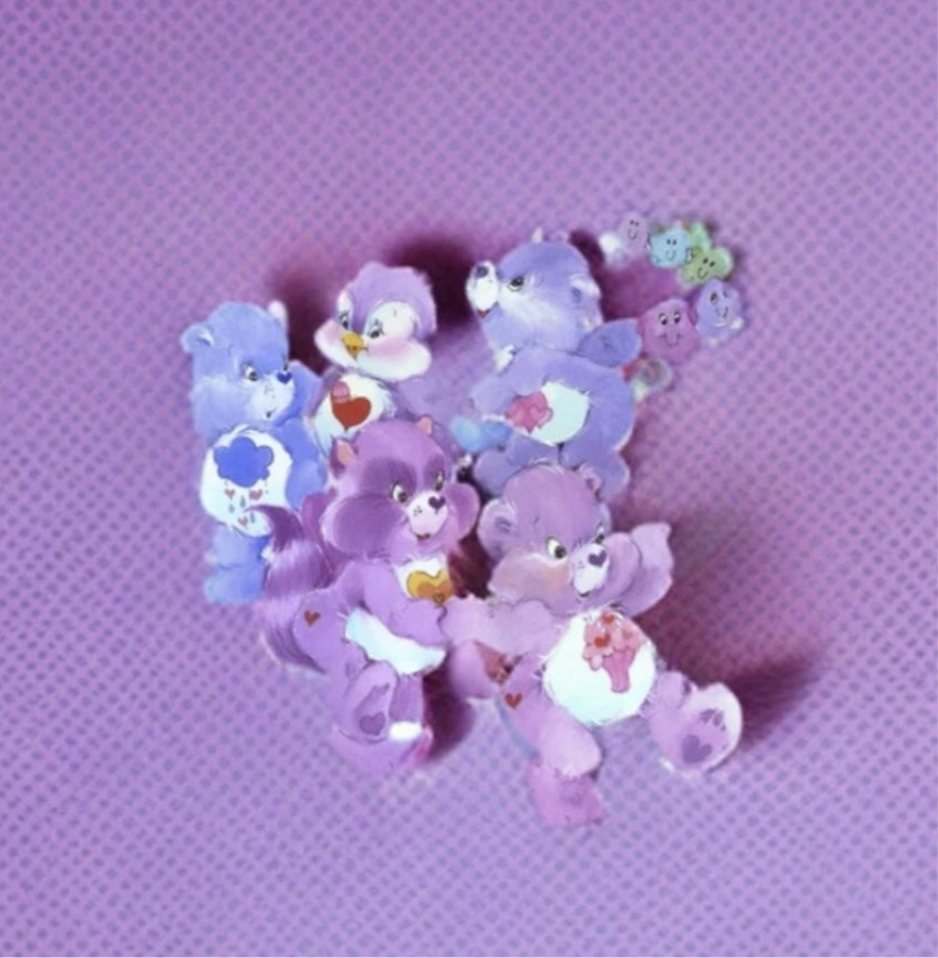 Care Bears Sticker, Clear Decal 3.5” Purple Joy - Cozy Heart, Share Bear, Bright Heart, Grumpy Bear, Harmony Bear