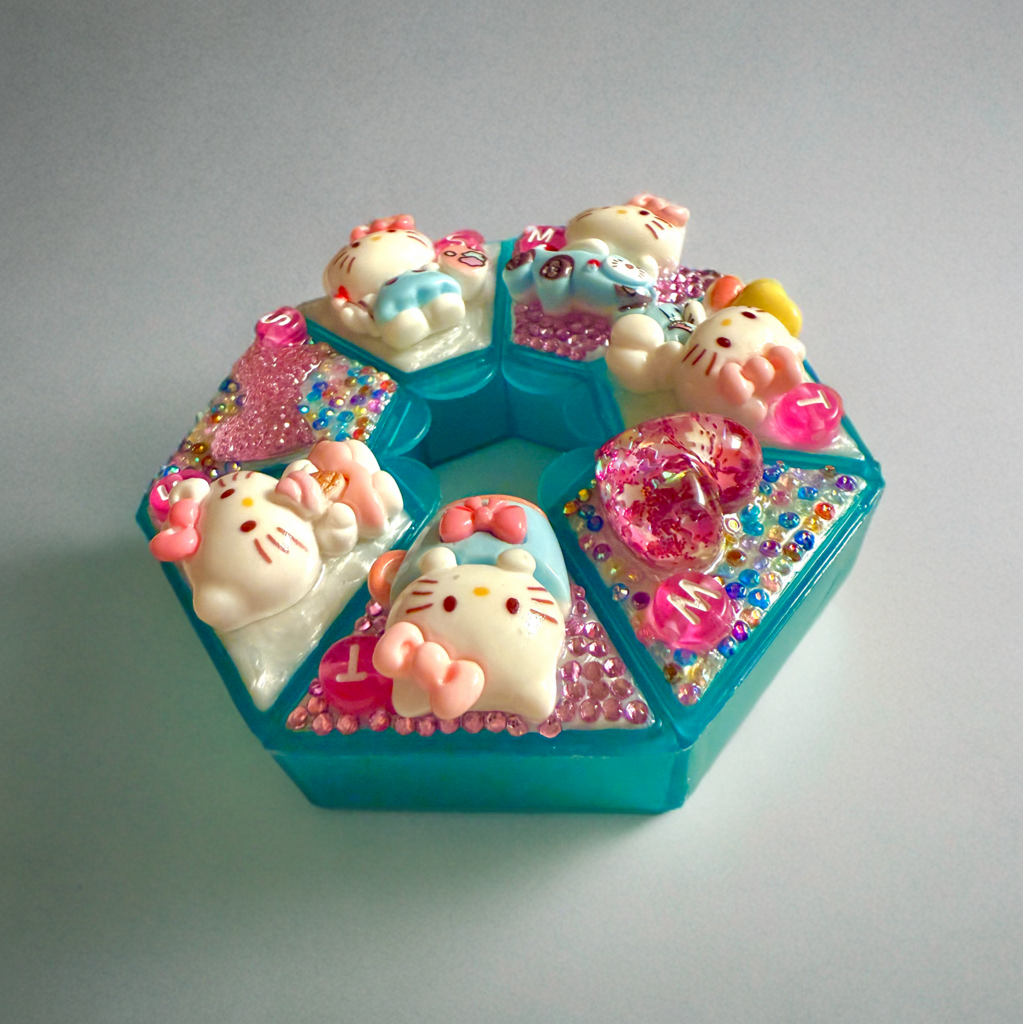 Decoden Pill Case, Hello Kitty Junk Box, Handmade Rhinestones Kawaii Teal & Pink