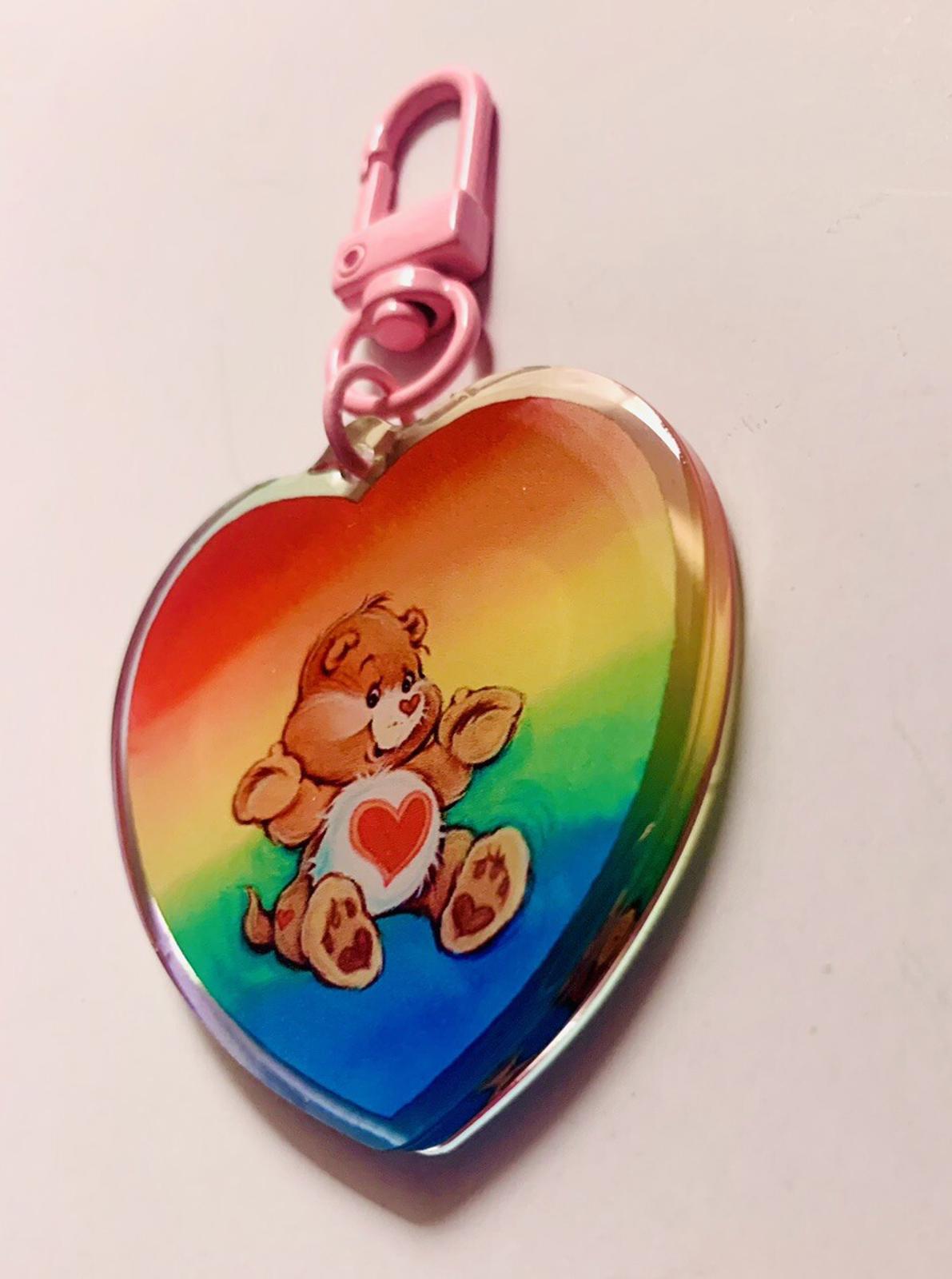 Care Bears Bag Charm, Rainbow Heart Keychain Key Gift For Her 80s Vintage Retro