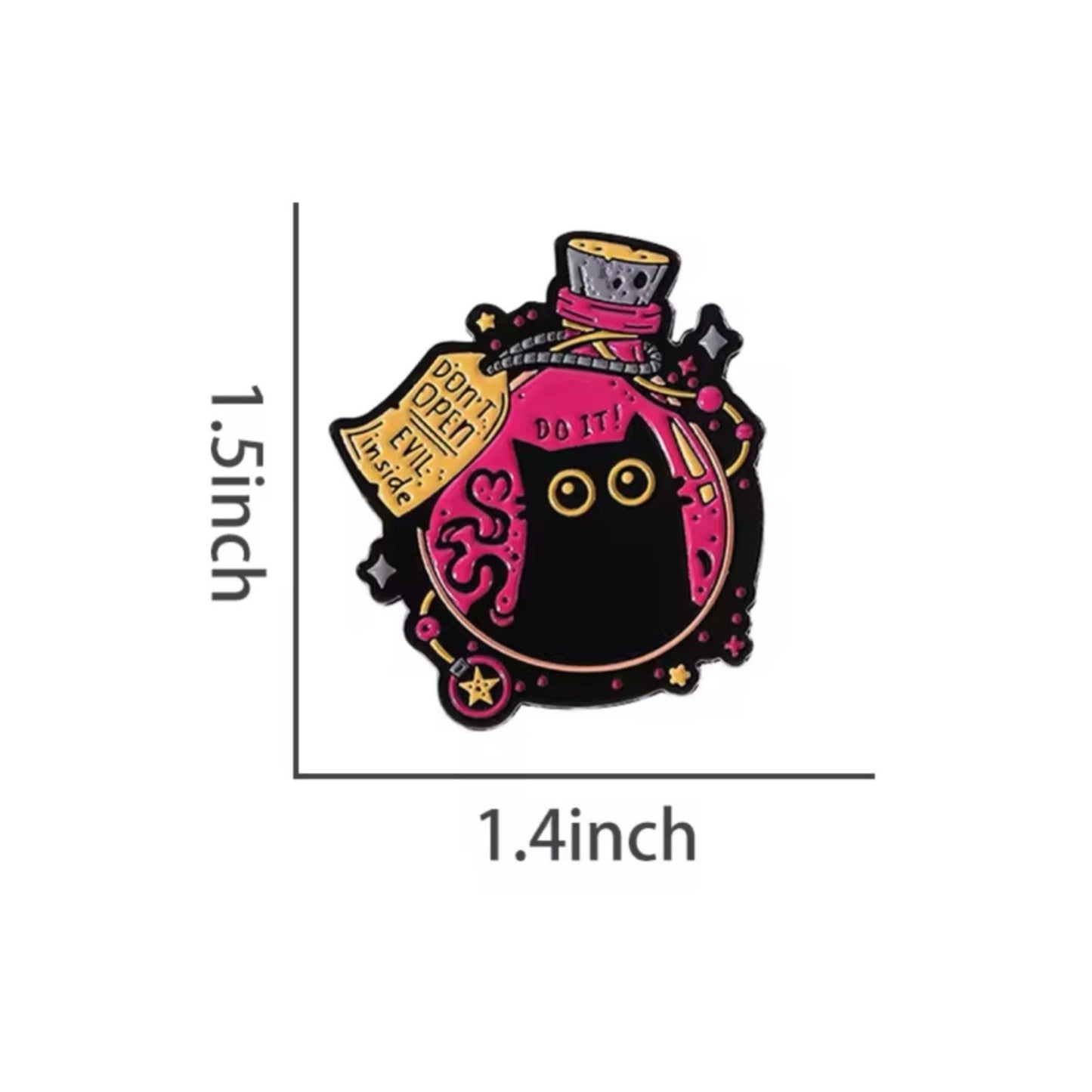 Pin - Black Cat Evil Don’t Open Potion Bottle, Funny Cute Spooky Kitty, Kawaii