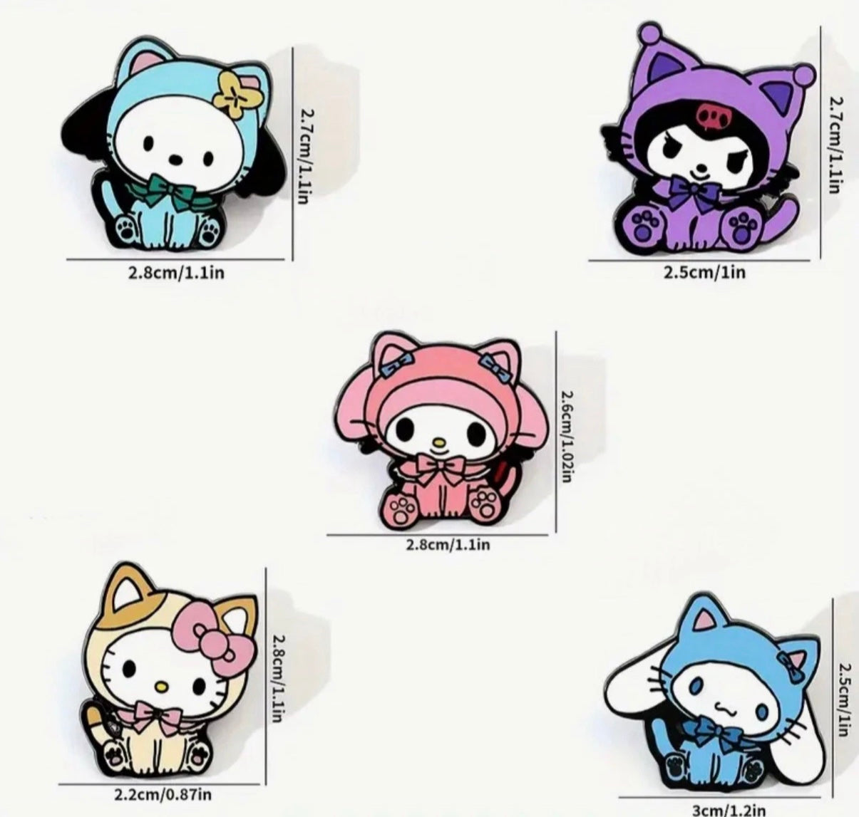 Pin Set 5 Pcs - Sanrio Cosplay Cat, Hello Kitty, Kuromi, Melody, Cinnamoroll