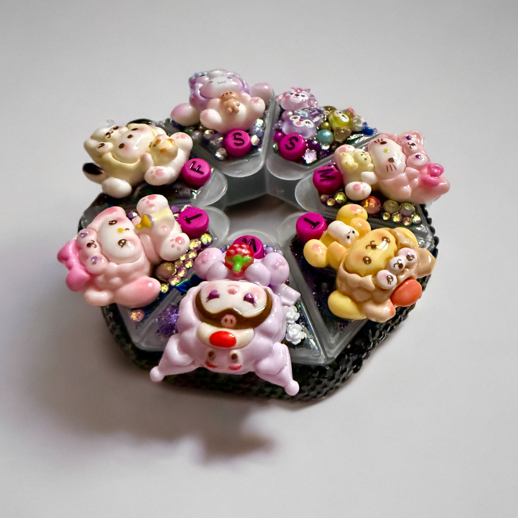 Decoden Pill Case, Sanrio Duffy Junk Box, Handmade FULL Rhinestones Black Pink