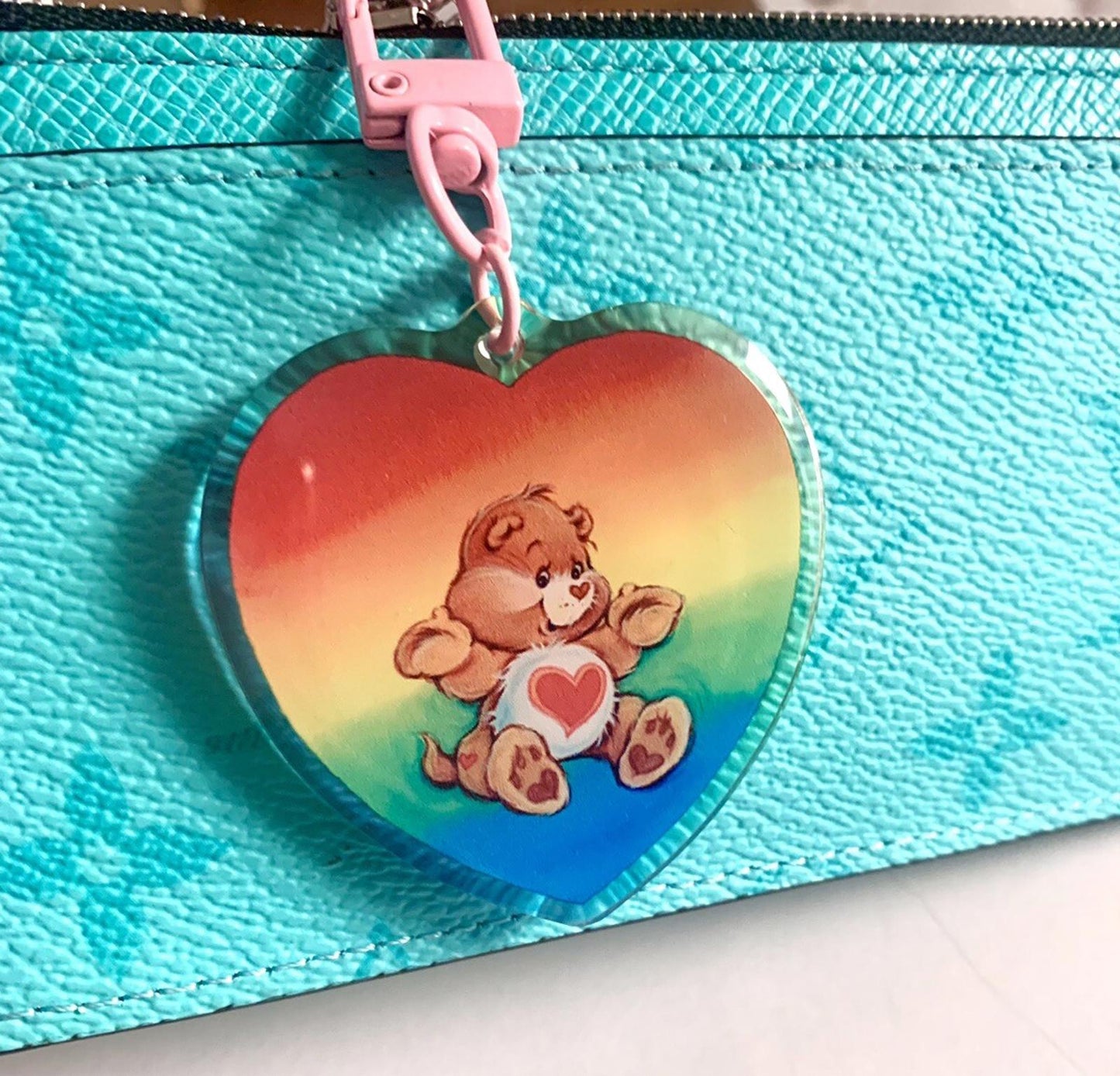 Care Bears Bag Charm, Rainbow Heart Keychain Key Gift For Her 80s Vintage Retro