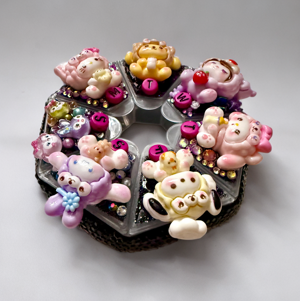 Decoden Pill Case, Sanrio Duffy Junk Box, Handmade FULL Rhinestones Black Pink