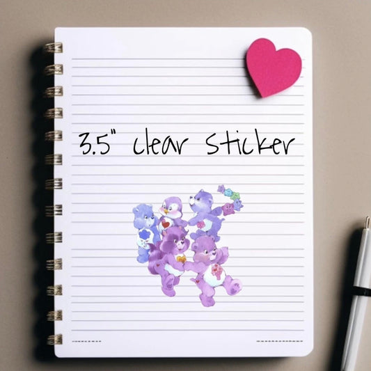 Care Bears Sticker, Clear Decal 3.5” Purple Joy - Cozy Heart, Share Bear, Bright Heart, Grumpy Bear, Harmony Bear
