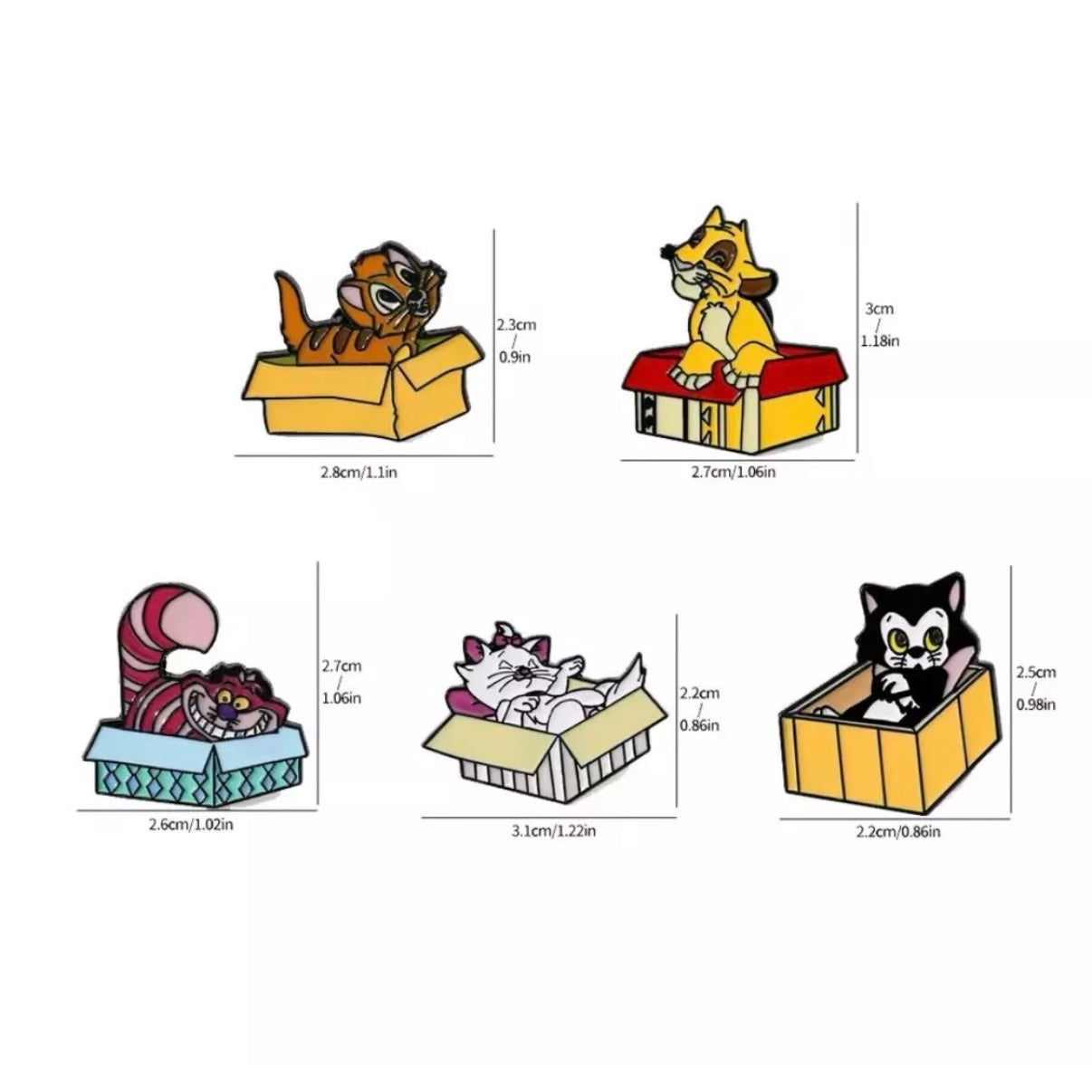 Enamel Pin Set - Disney Cats Boxes, 5 Pcs, Cheshire Cat Simba Figaro Marie Lion
