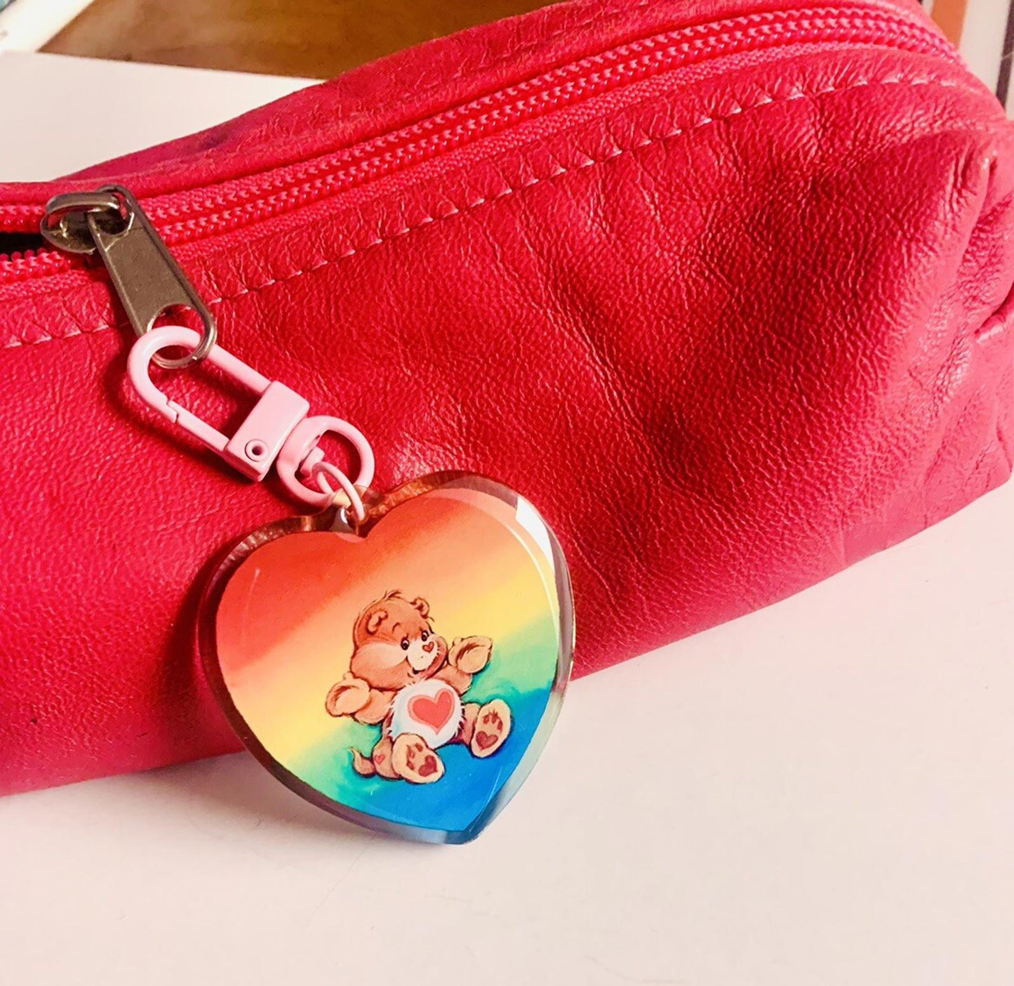 Care Bears Bag Charm, Rainbow Heart Keychain Key Gift For Her 80s Vintage Retro