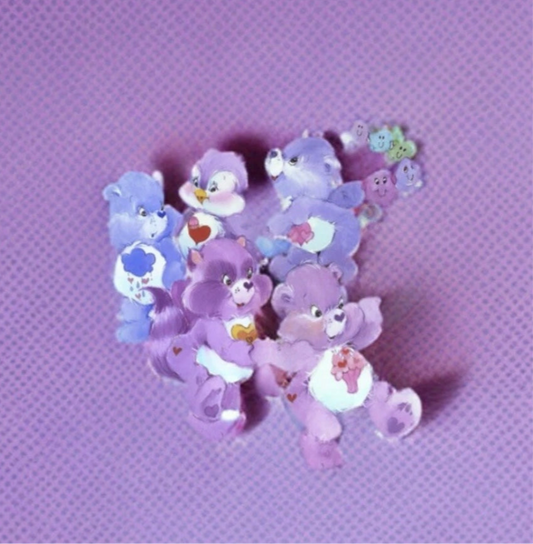 Care Bears Sticker, Clear Decal 3.5” Purple Joy - Cozy Heart, Share Bear, Bright Heart, Grumpy Bear, Harmony Bear