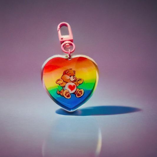 Care Bears Bag Charm, Rainbow Heart Keychain Key Gift For Her 80s Vintage Retro