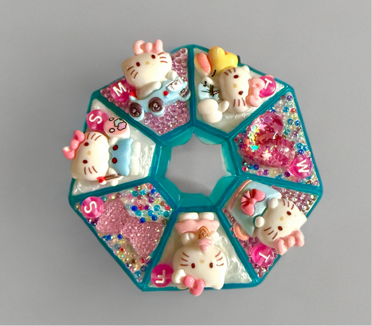 Decoden Pill Case, Hello Kitty Junk Box, Handmade Rhinestones Kawaii Teal & Pink